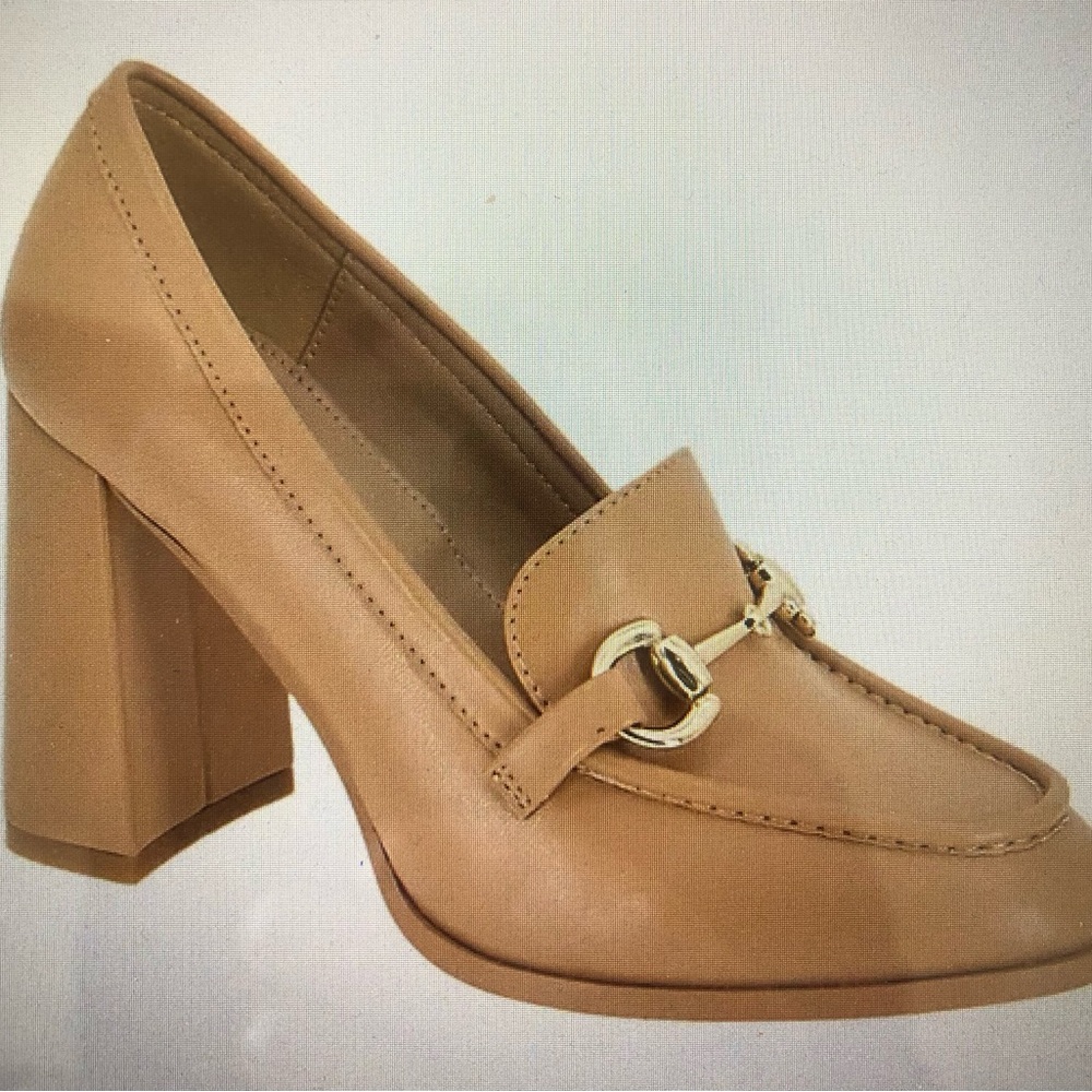 BCBGeneration Camel Tan Block Heel Loafer with Gold Bit